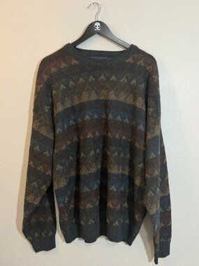 Vintage American Portrait Geometric Knit Sweater Pullover Earth Tone Mens 2XL
